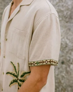 Linen-Blend Embroidered Palm Short Sleeve Shirt