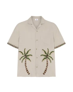 Linen-Blend Embroidered Palm Short Sleeve Shirt