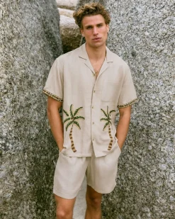 Linen-Blend Embroidered Palm Short Sleeve Shirt