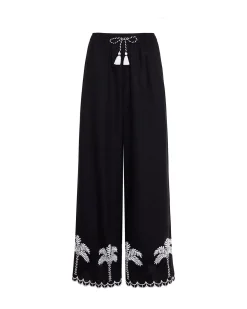 Linen-Blend Embroidered Scallop Edge Trousers
