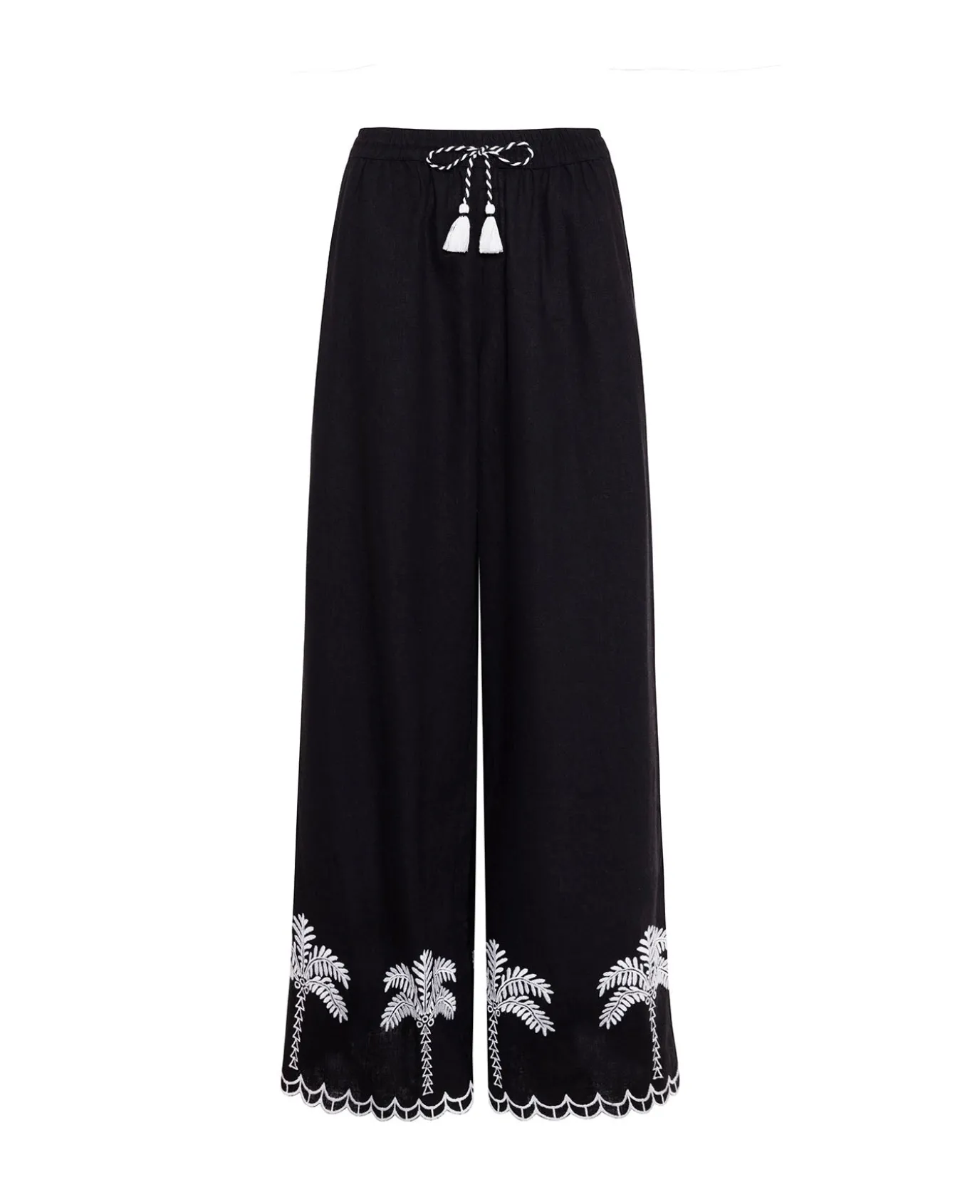 Linen-Blend Embroidered Scallop Edge Trousers