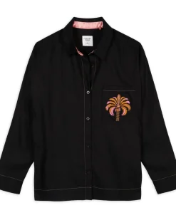 Linen-Blend Embroidered Shirt - Black