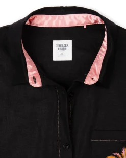 Linen-Blend Embroidered Shirt - Black
