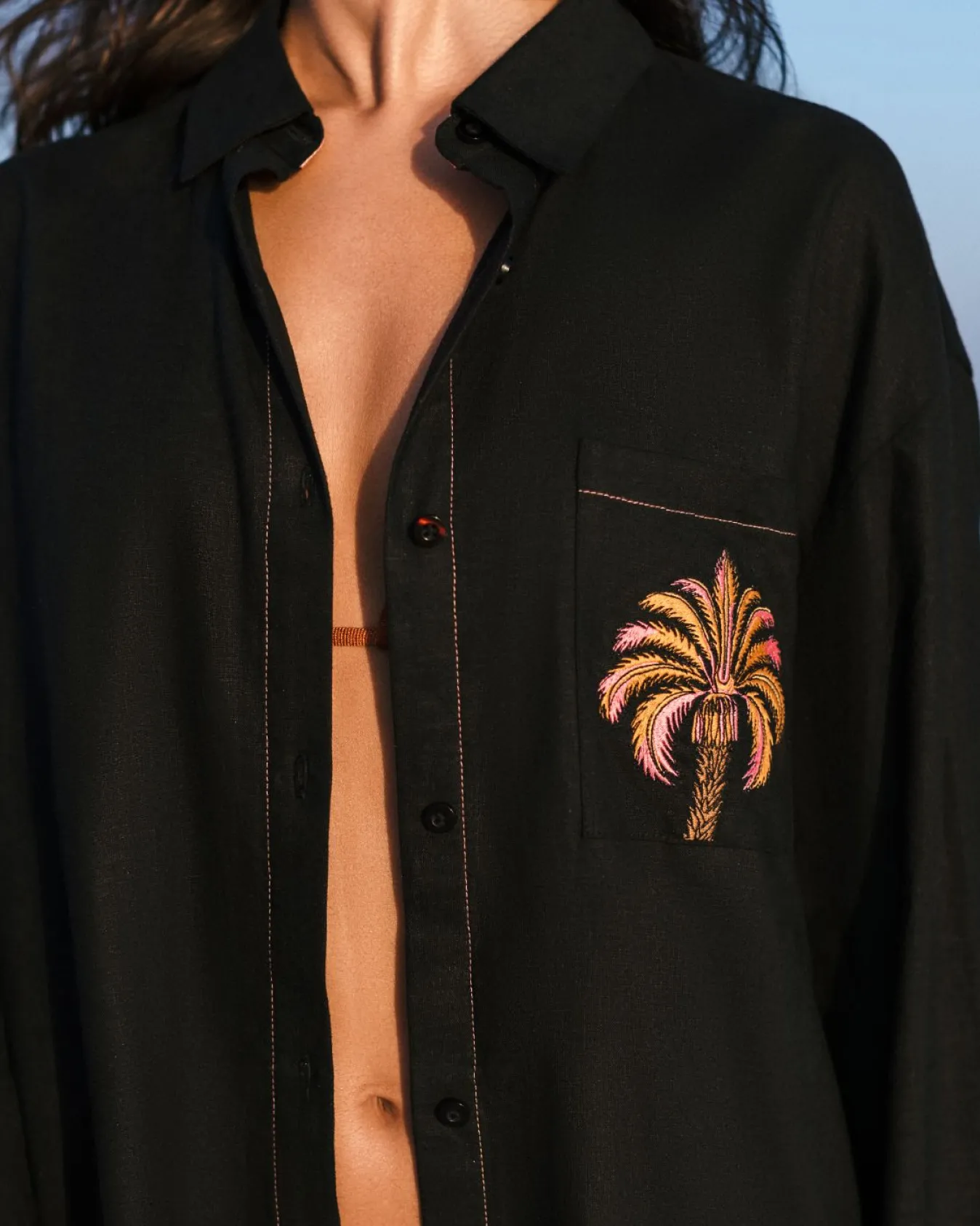 Linen-Blend Embroidered Shirt - Black