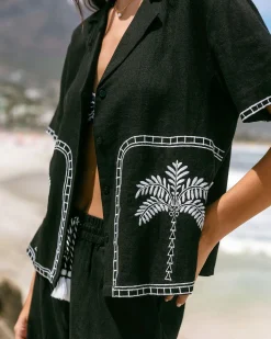 Linen-Blend Embroidered Short Sleeve Shirt - Black