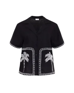 Linen-Blend Embroidered Short Sleeve Shirt - Black
