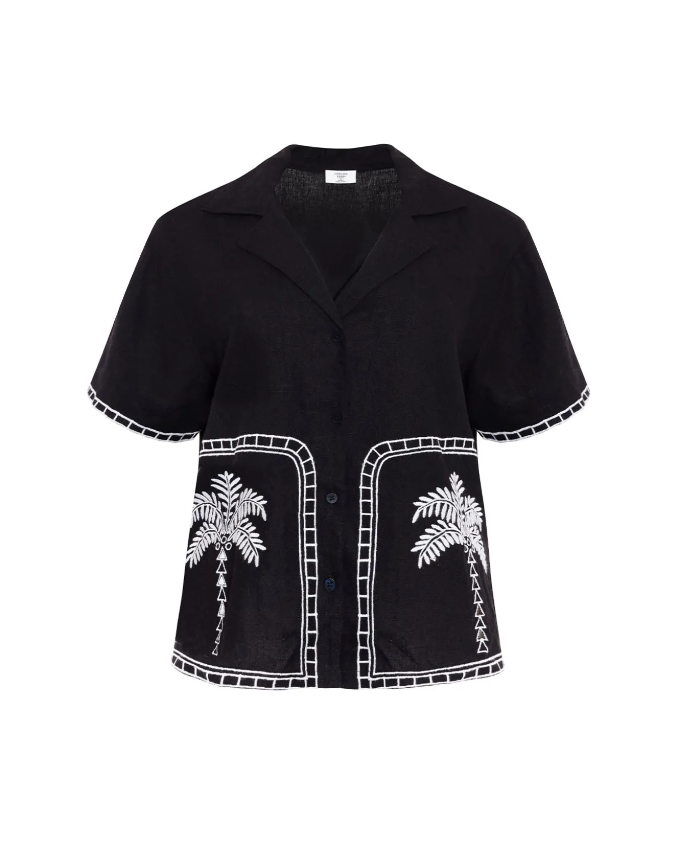 Linen-Blend Embroidered Short Sleeve Shirt - Black