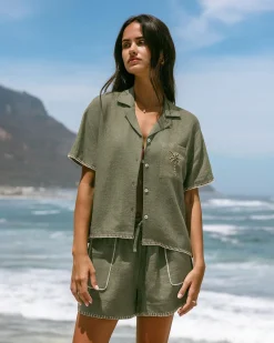 Linen-Blend Embroidered Short Sleeve Shirt - Khaki