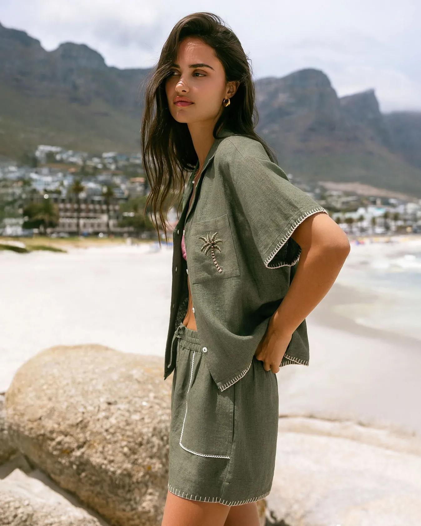 Linen-Blend Embroidered Short Sleeve Shirt - Khaki