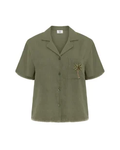 Linen-Blend Embroidered Short Sleeve Shirt - Khaki