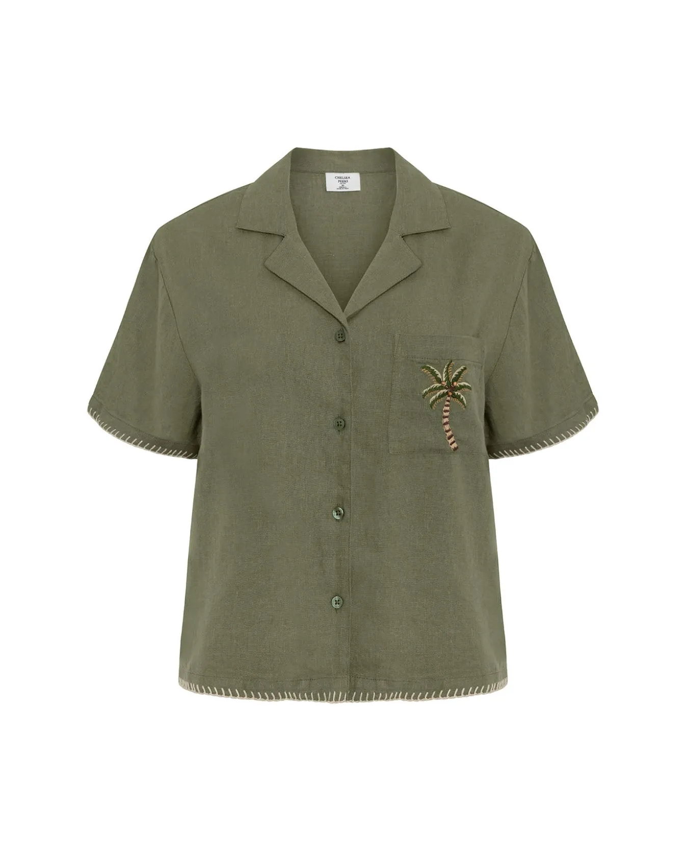 Linen-Blend Embroidered Short Sleeve Shirt - Khaki