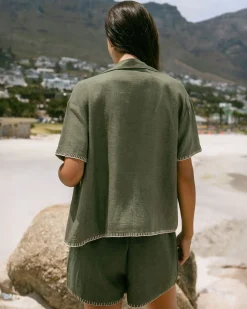 Linen-Blend Embroidered Short Sleeve Shirt - Khaki