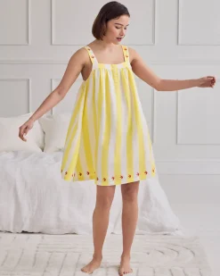 Linen Blend Embroidered Stripe Cami Nightshirt