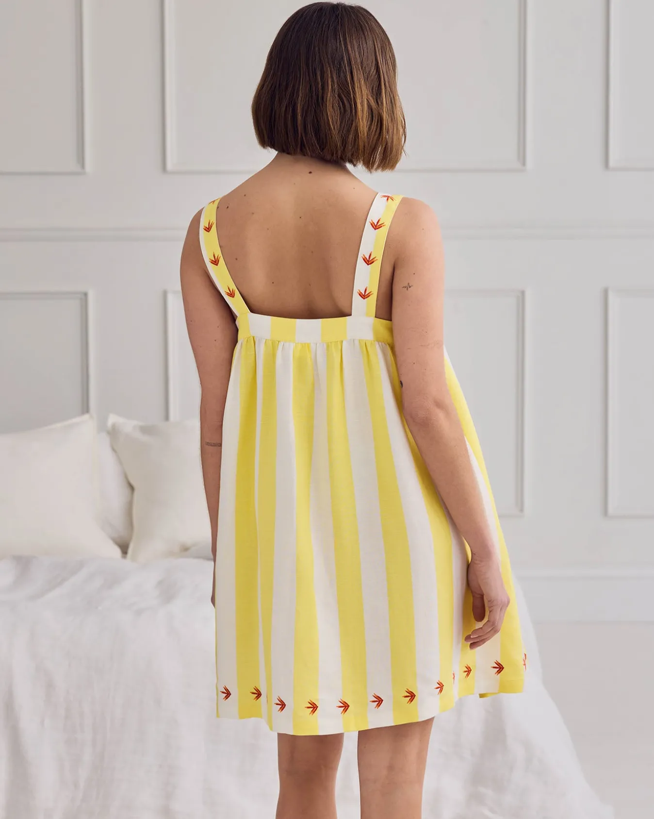 Linen Blend Embroidered Stripe Cami Nightshirt