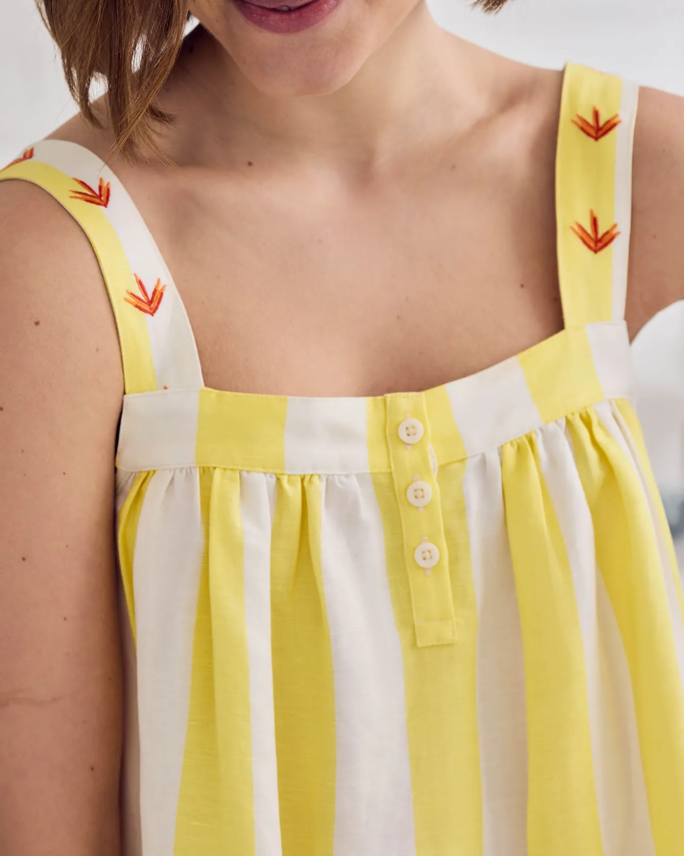 Linen Blend Embroidered Stripe Cami Nightshirt