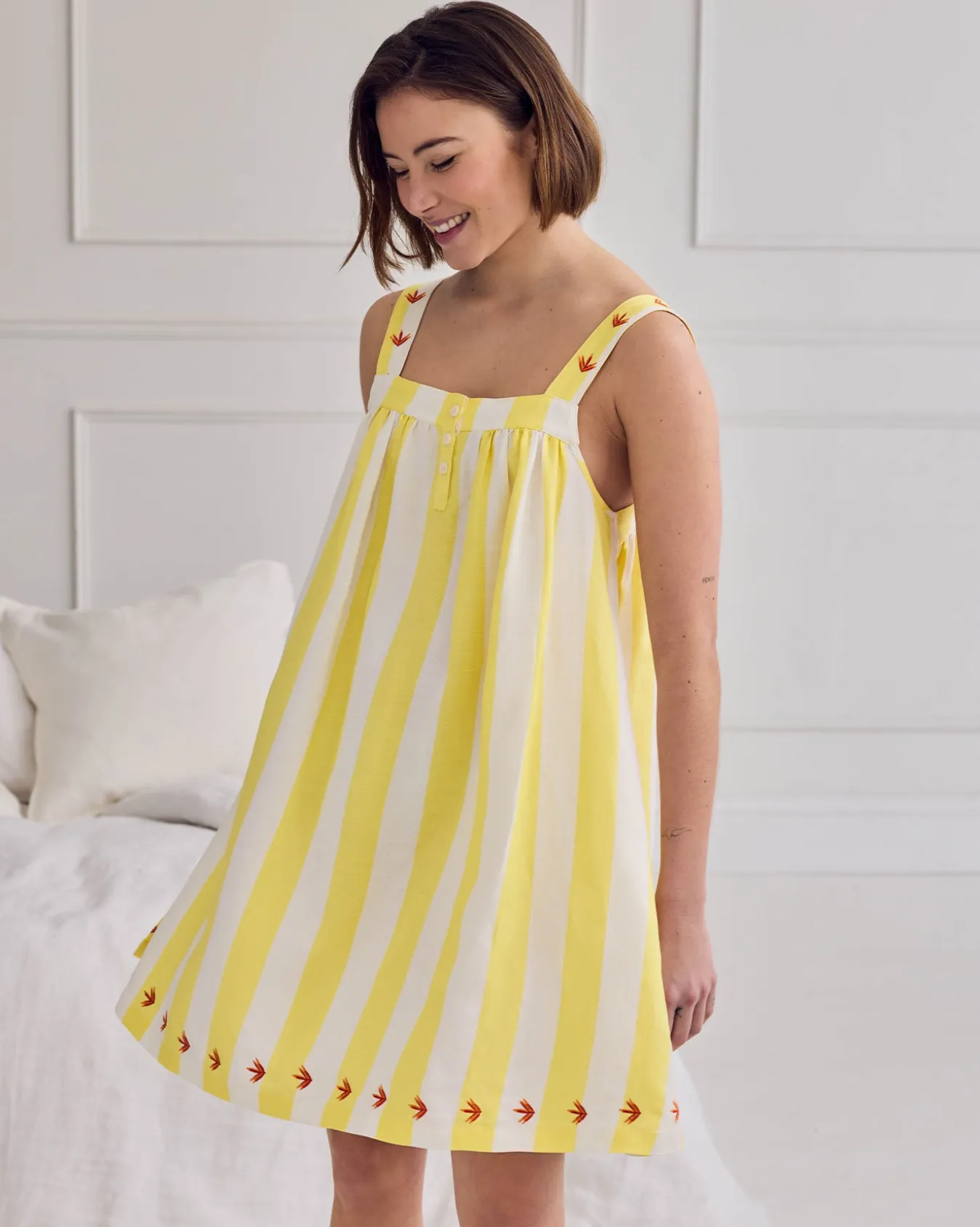 Linen Blend Embroidered Stripe Cami Nightshirt