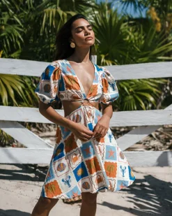 Linen-Blend Patchwork Beach Print Puff Sleeve Mini Dress