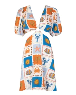 Linen-Blend Patchwork Beach Print Puff Sleeve Mini Dress