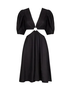 Linen-Blend Puff Sleeve Mini Dress - Black