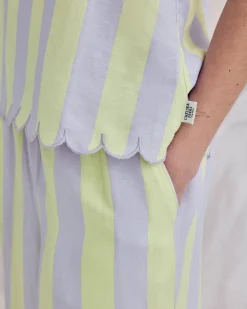 Linen Blend Scallop Edge Stripe Long Pyjama Set - Lilac