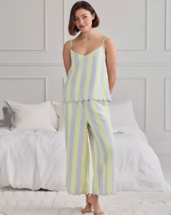 Linen Blend Scallop Edge Stripe Long Pyjama Set - Lilac
