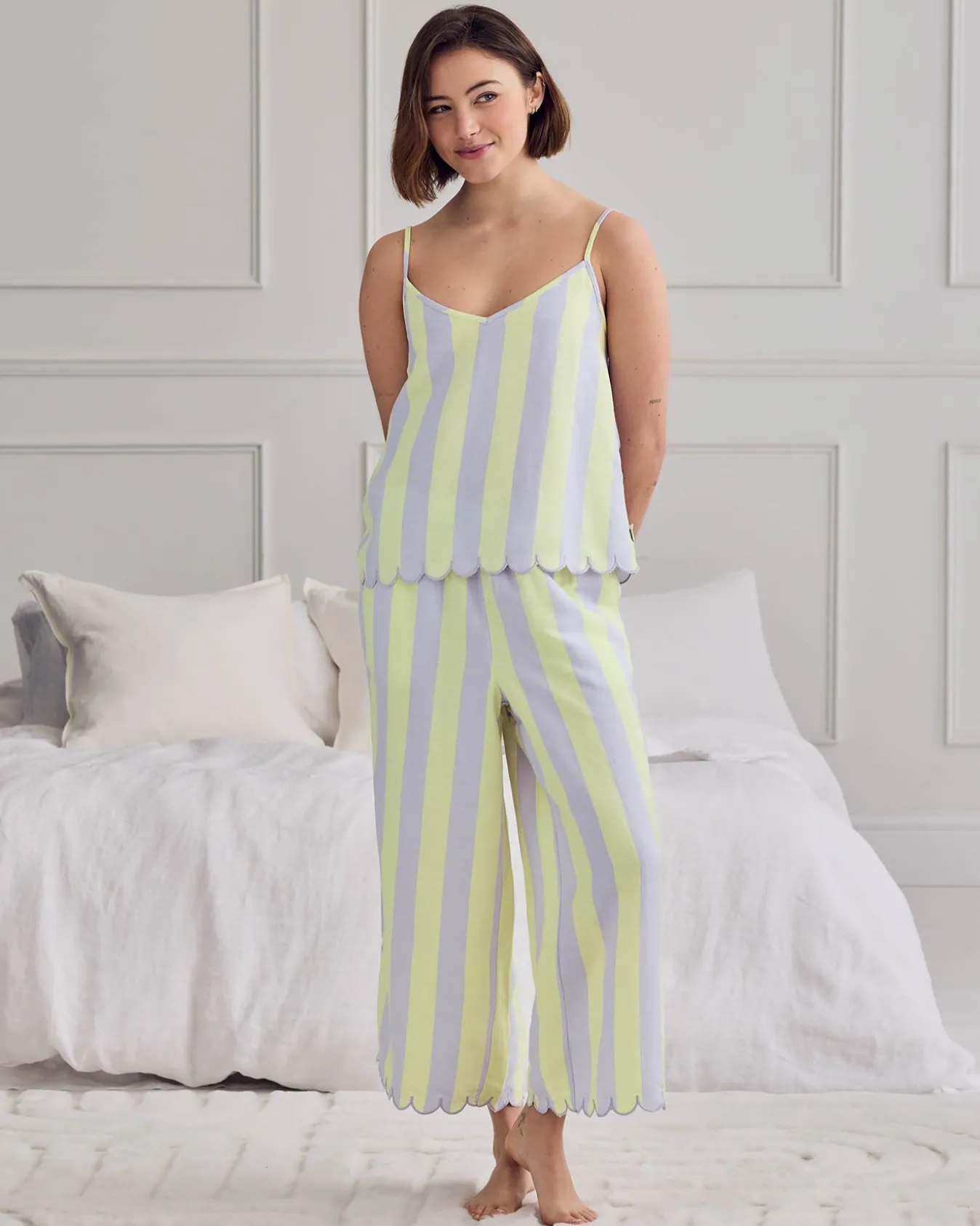 Linen Blend Scallop Edge Stripe Long Pyjama Set - Lilac