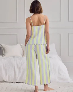 Linen Blend Scallop Edge Stripe Long Pyjama Set - Lilac
