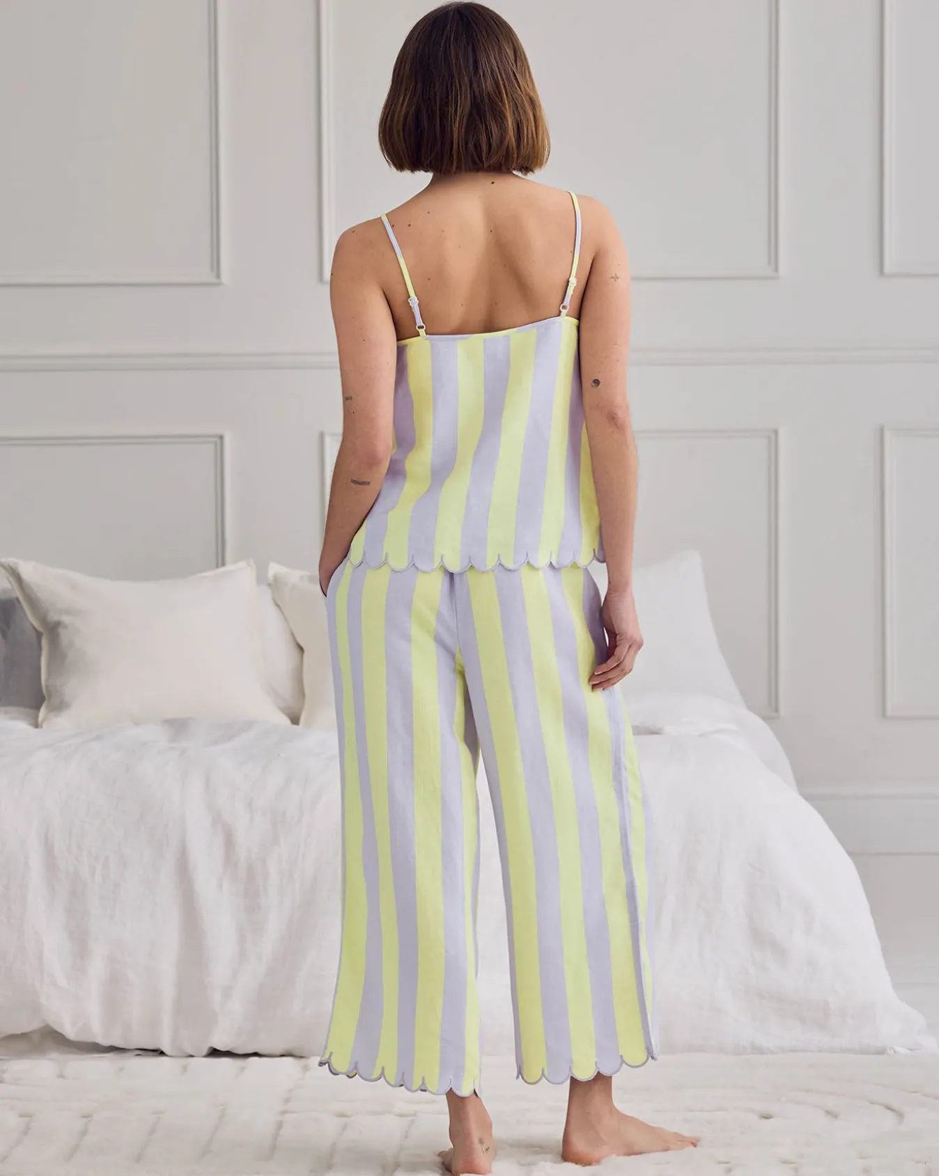Linen Blend Scallop Edge Stripe Long Pyjama Set - Lilac