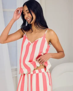 Linen Blend Scallop Edge Stripe Long Pyjama Set - Pink