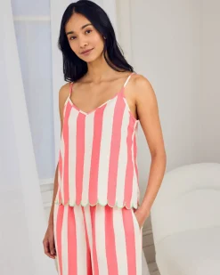 Linen Blend Scallop Edge Stripe Long Pyjama Set - Pink