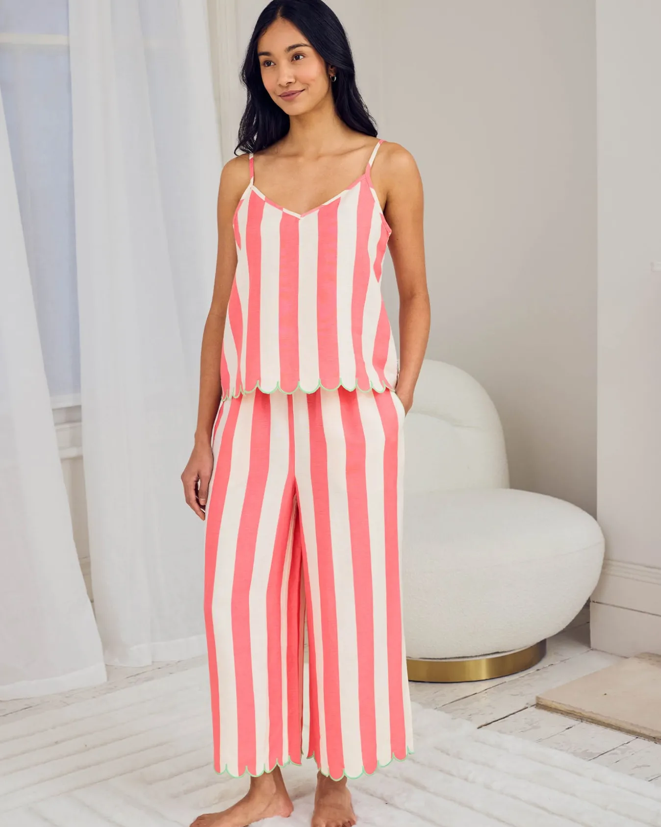 Linen Blend Scallop Edge Stripe Long Pyjama Set - Pink
