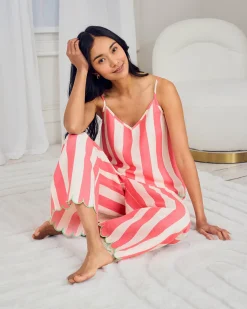 Linen Blend Scallop Edge Stripe Long Pyjama Set - Pink