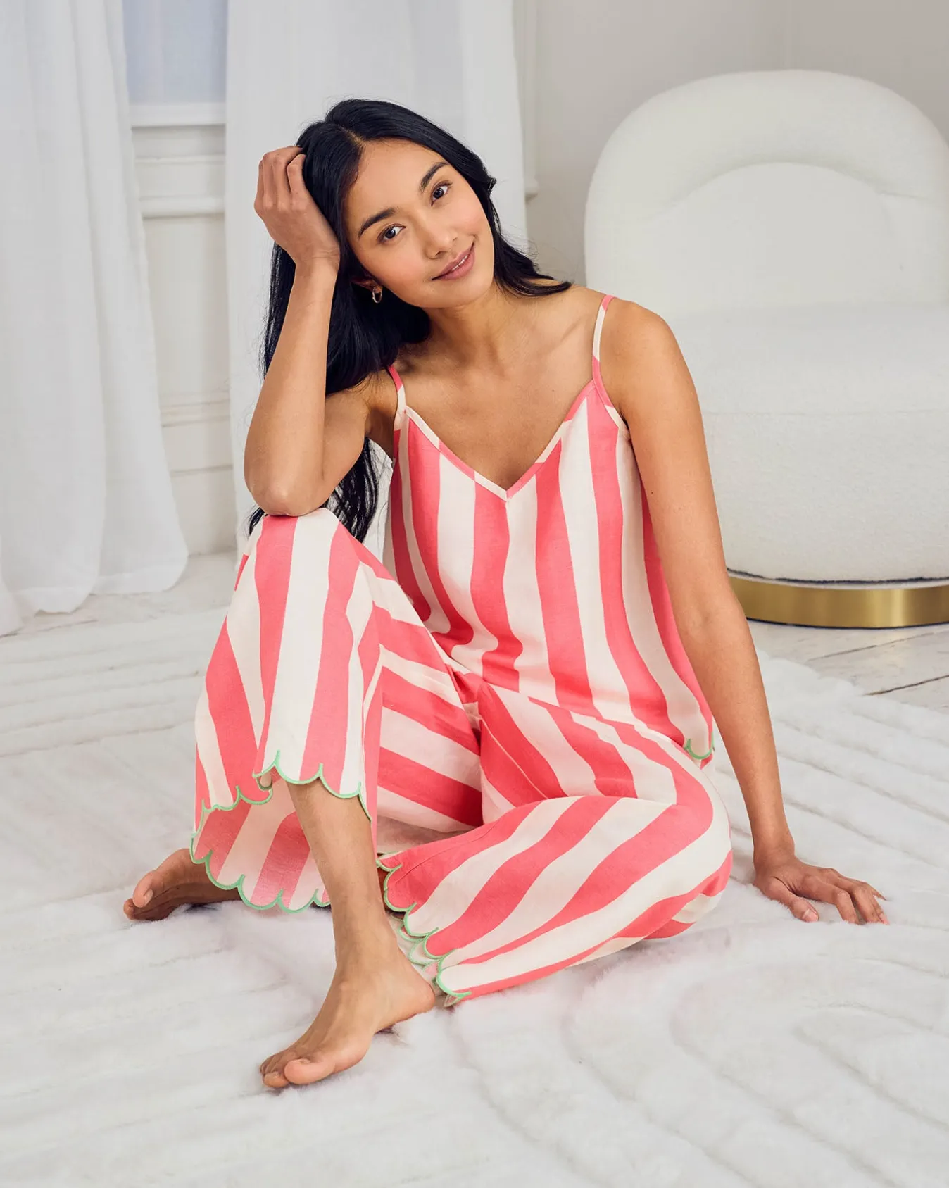 Linen Blend Scallop Edge Stripe Long Pyjama Set - Pink