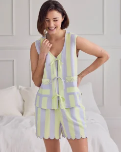 Linen Blend Scallop Edge Tie-Front Stripe Cami Short Pyjama Set - Lilac