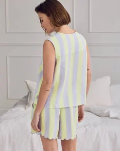 Linen Blend Scallop Edge Tie-Front Stripe Cami Short Pyjama Set - Lilac