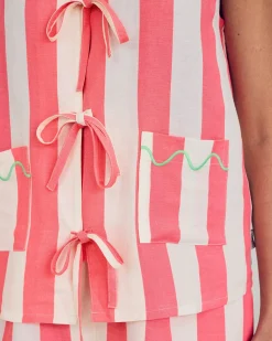 Linen Blend Scallop Edge Tie Front Stripe Cami Short Pyjama Set - Pink