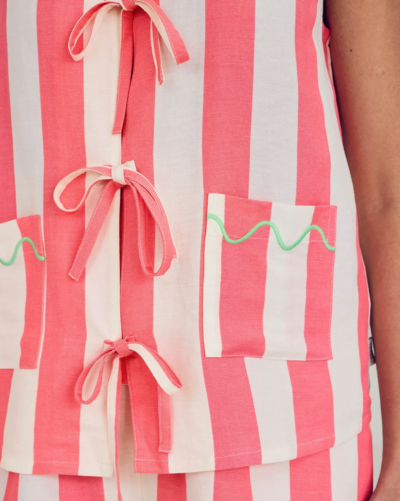 Linen Blend Scallop Edge Tie Front Stripe Cami Short Pyjama Set - Pink