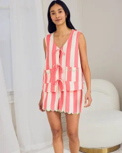 Linen Blend Scallop Edge Tie Front Stripe Cami Short Pyjama Set - Pink