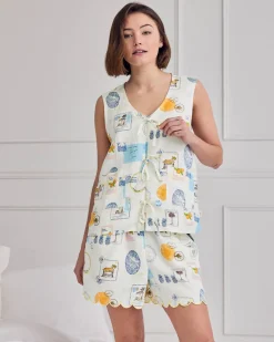 Linen Blend Scallop Edge Tie Front Scenic Stamps Print Short Pyjama Set