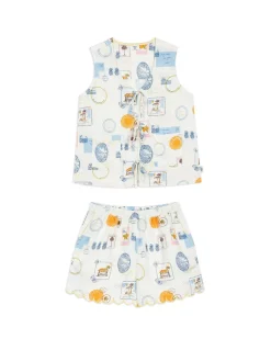 Linen Blend Scallop Edge Tie Front Scenic Stamps Print Short Pyjama Set