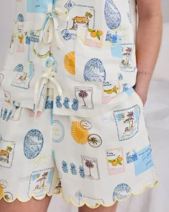 Linen Blend Scallop Edge Tie Front Scenic Stamps Print Short Pyjama Set