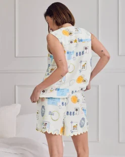 Linen Blend Scallop Edge Tie Front Scenic Stamps Print Short Pyjama Set