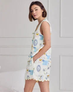 Linen Blend Scallop Edge Tie Front Scenic Stamps Print Short Pyjama Set