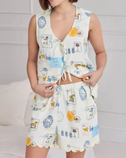 Linen Blend Scallop Edge Tie Front Scenic Stamps Print Short Pyjama Set