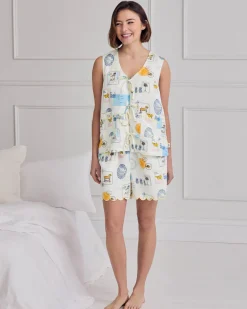 Linen Blend Scallop Edge Tie Front Scenic Stamps Print Short Pyjama Set