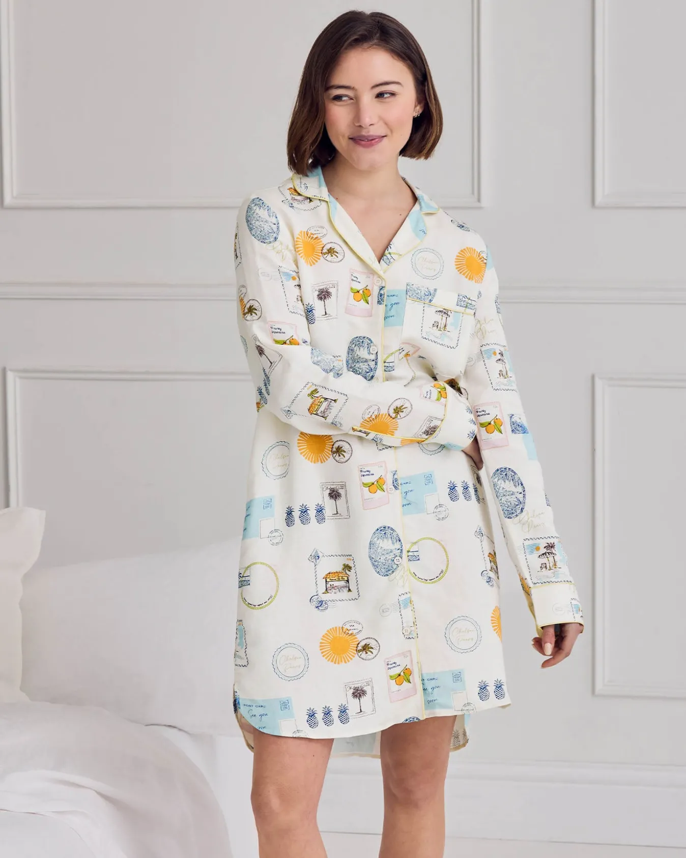 Linen Blend Scenic Stamps Print Nightshirt