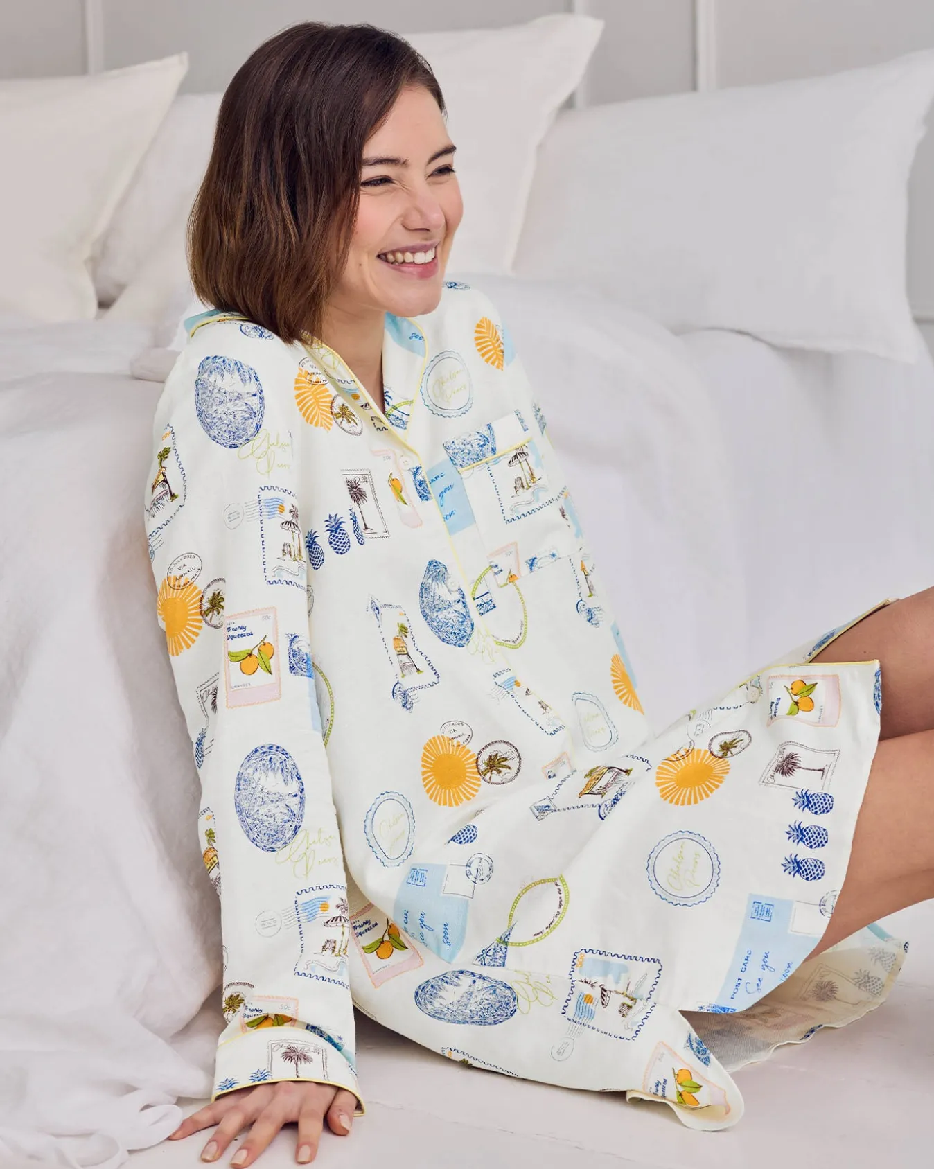 Linen Blend Scenic Stamps Print Nightshirt
