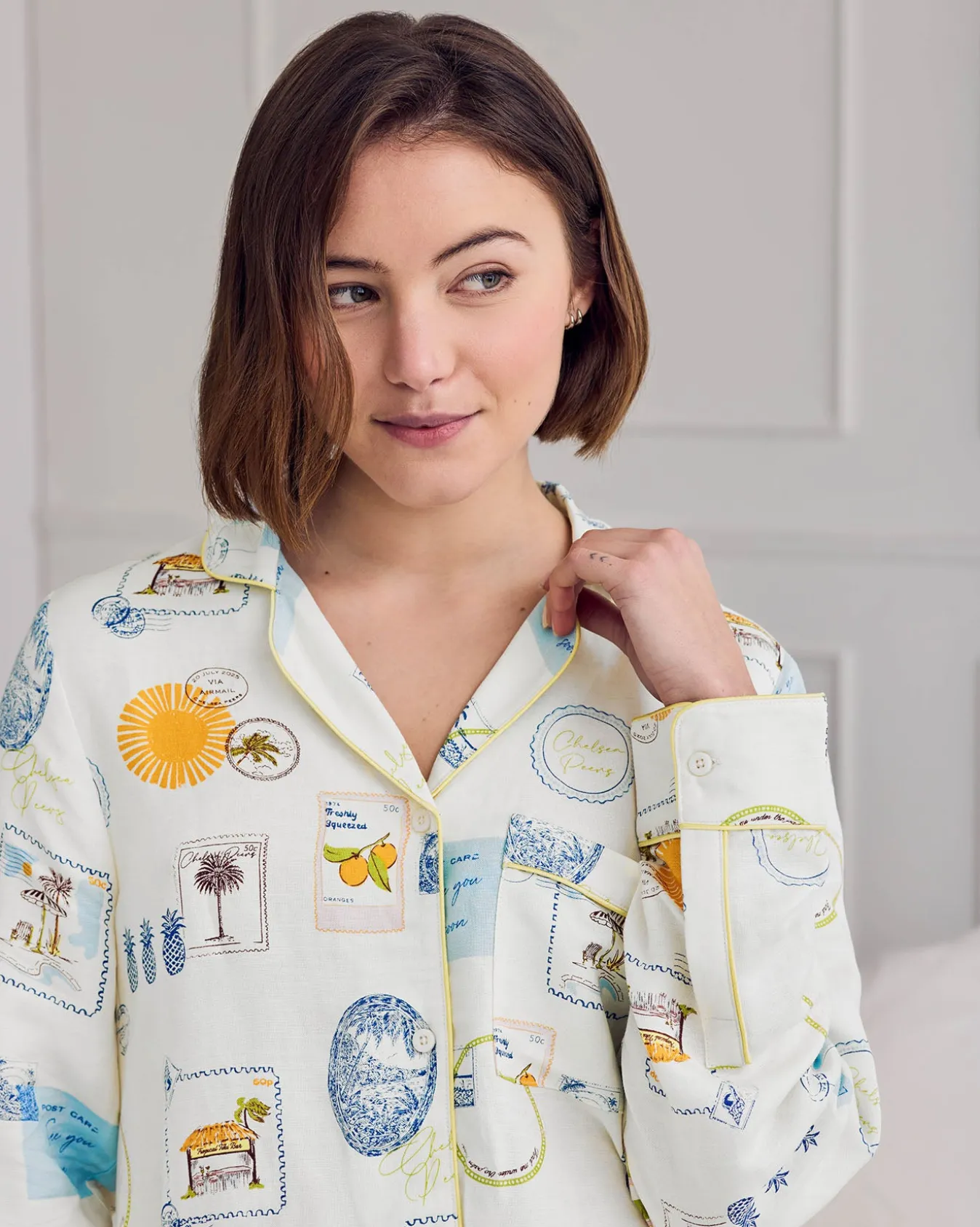 Linen Blend Scenic Stamps Print Nightshirt