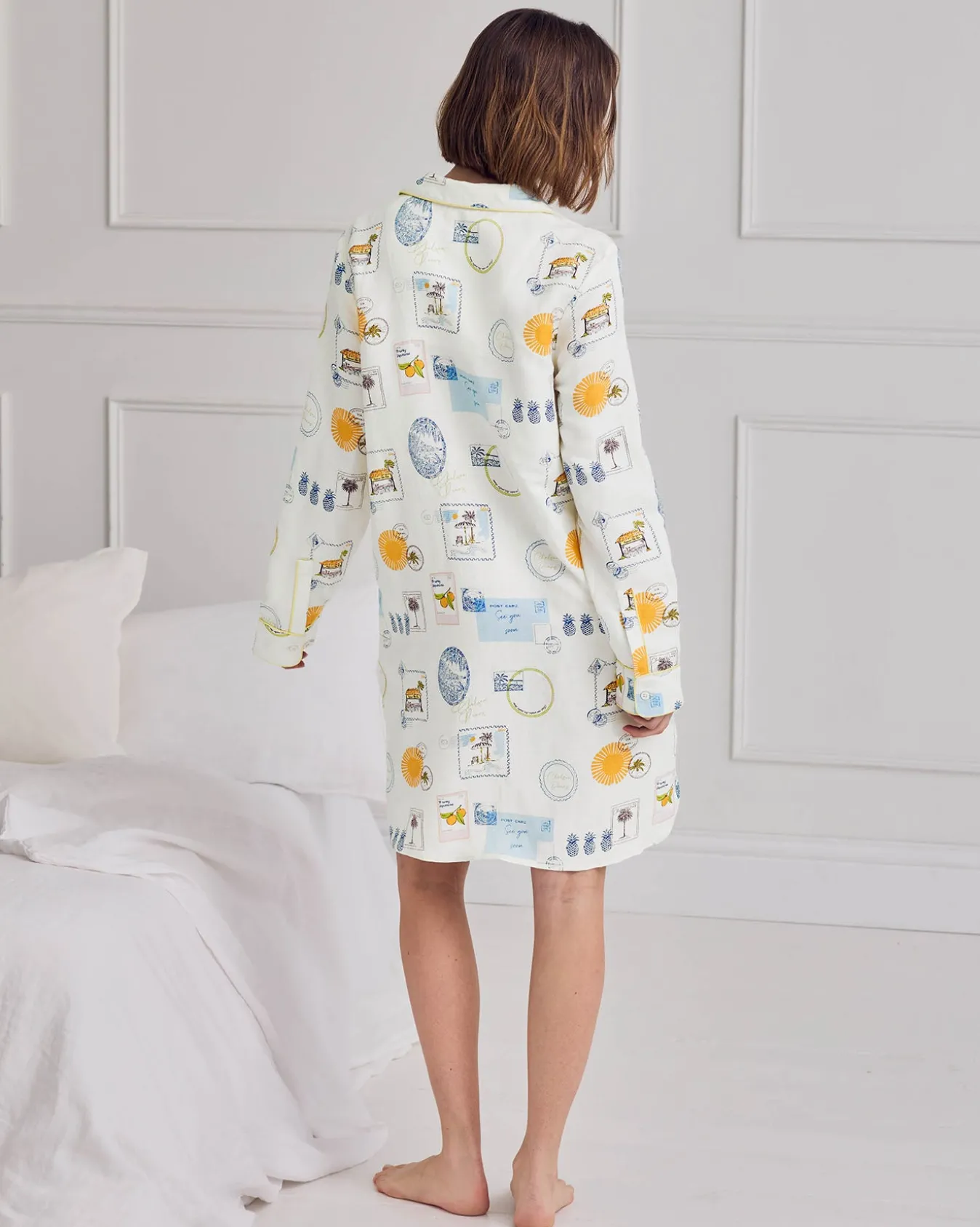 Linen Blend Scenic Stamps Print Nightshirt