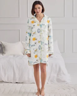 Linen Blend Scenic Stamps Print Nightshirt